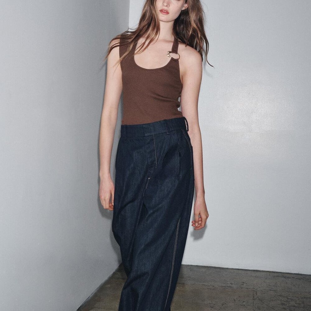 NWT Small Zara Rib Top Metal Detail Brown Asymmetric Sleeveless Tank - Picture 7 of 7